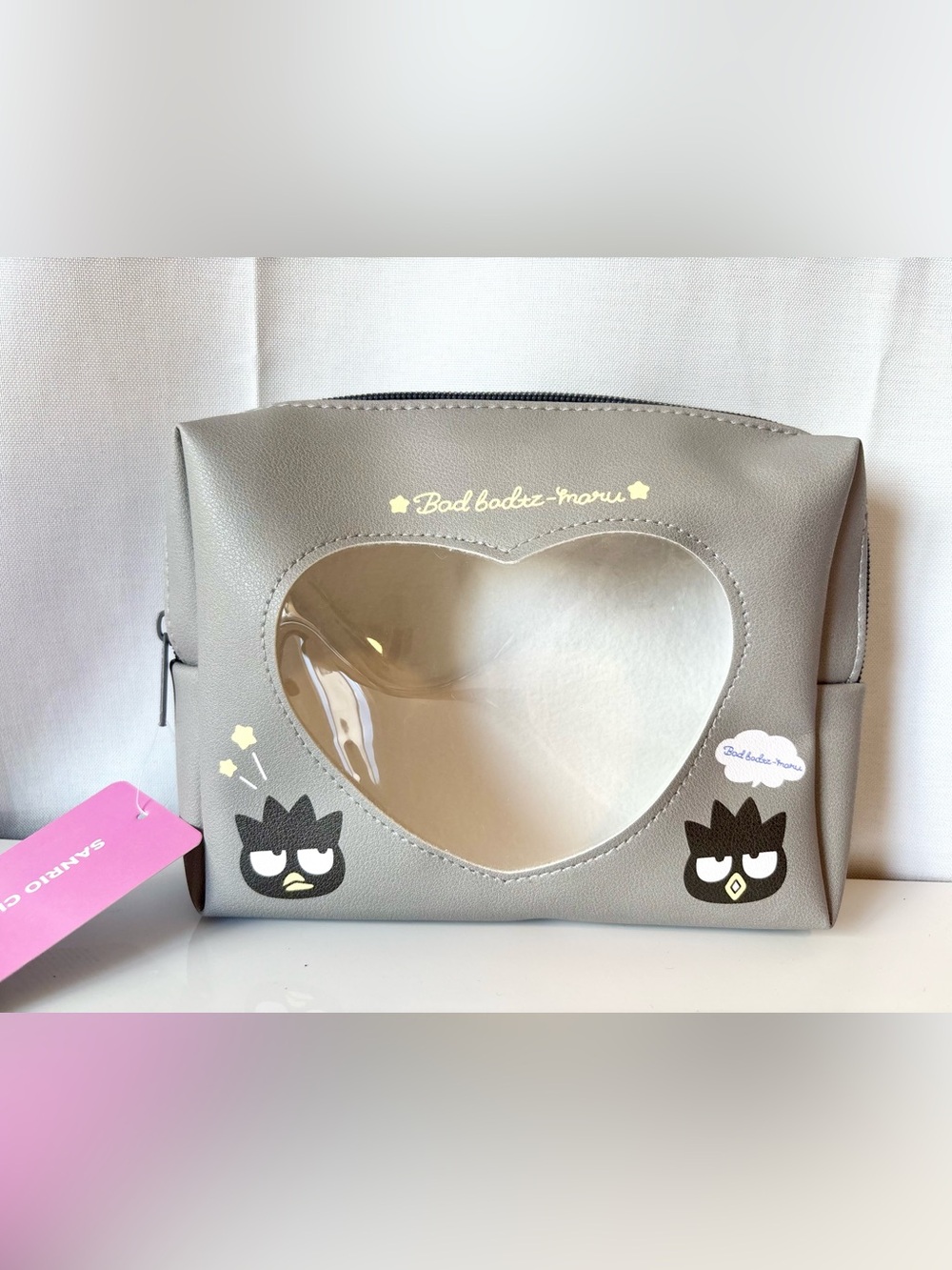 Bad Badtz-Maru Grey Pouch Cosmetic Bag w Clear Heart Center NWT Japan Exclusive
